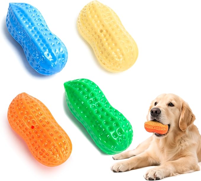 Nobleza Squeaky Dog Toys Interactive, 4 Pack Peanut Chew Ball for Pet Teeth Cleaning Puppy Squeaky Chew Toy, Durable for Medium Large Small Breeds Puppy Teething Chew Toy