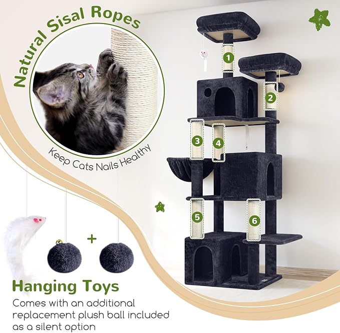 Globlazer Cat Tree Tall, 71 inches Cat Tower for Indoor Adult Cats Multi-Level 3 Condos for Indoor Cats XL Cat Tree Tower with Scratching Posts, Soft Extra Large Hanging Basket, F71, Dark Gray