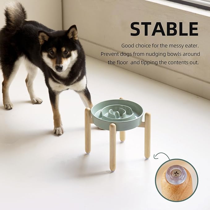8.2inch Ceramic Raised Slow Feeder Dog Bowl Set, Elevated Wooden Stand for Large and Medium Dog, Puzzle Slow Dish, Anti-Gulping(Light Green, Single Bowl+ Stand)