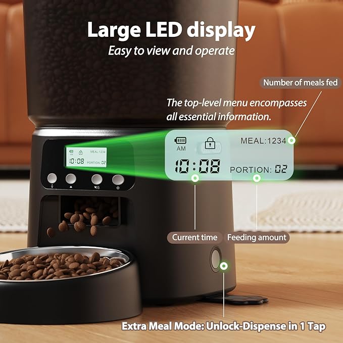Automatic Cat Feeder,4L Timed Cat Dry Food Dispenser,Pet Feeder up to 6 Meals and 30 Portions per Day,10S Voice Record,Flexible Schedule Timer,Dual Power,Stainless Steel Bowl,for Cats and Small Dogs