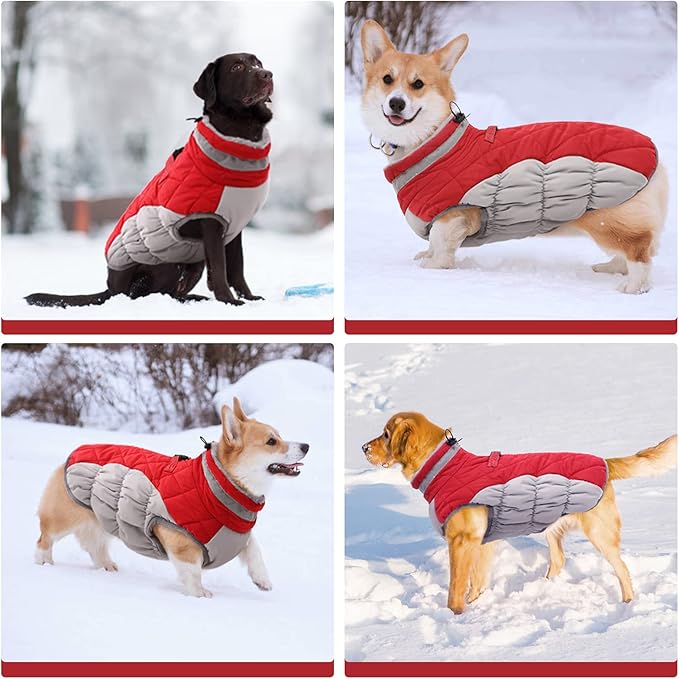 FUAMEY Dog Coat for Large Dogs,Waterproof Dog Winter Jacket with Harness Built in Puppy Cold Weather Coats Reflective Pet Vest with Zipper Warm Fleece Dogs Snowsuit Windproof Red XL