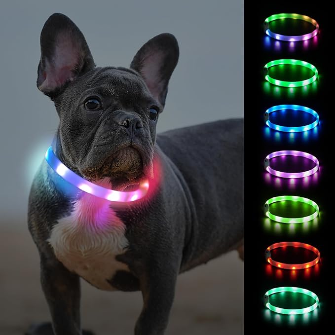 Joytale Light Up Dog Collar, Rainproof and Rechargeable LED, 9 Flashing Modes, Glow for Night Walking, Cuttable Soft Silicone Collar for Small and Medium Dogs, 17.7 Inch