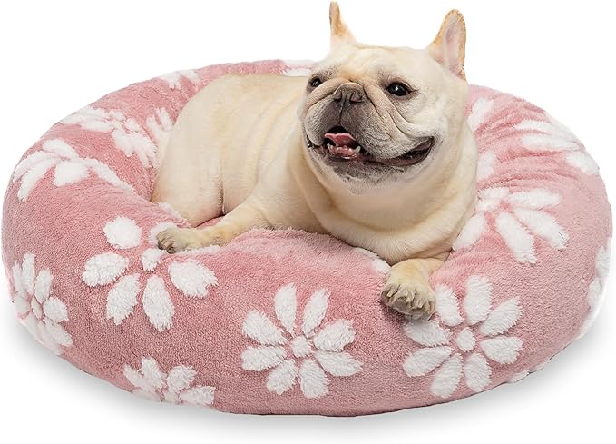 Donut Dog Beds for Small Dogs, Calming Round Cat Beds for Indoor Cats, Cute 3D Textured Flower Pet Bed with Removable Washable Cover and Anti-Slip Bottom(Pink,23")