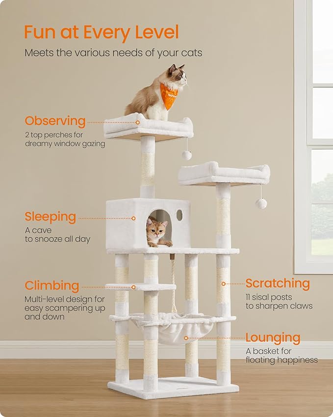 Feandrea Cat Tree, 56.3-Inch Cat Tower for Indoor Cats, Multi-Level Cat Condo with 11 Scratching Posts, 2 Perches, Cave, Hammock, Cream White UPCT015W02