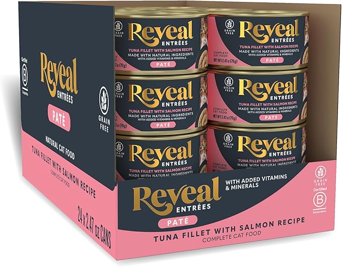 Reveal Entrées Natural Wet Cat Food Paté, Grain-Free with Added Vitamins & Minerals, Carrageenan-Free Protein, Tuna Fillet with Salmon Paté Recipe (24 x 2.47 oz Cans)