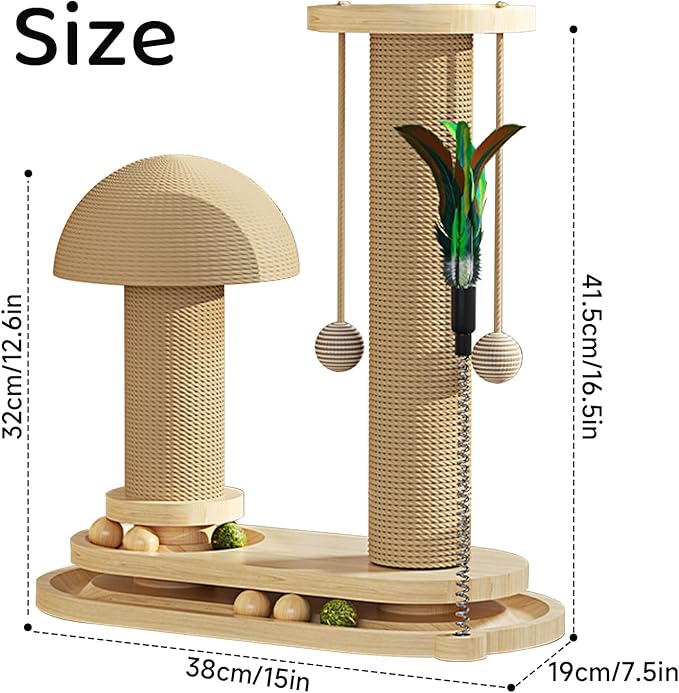 Cat Scratching Post- 4 in 1 Cat Scratch Post Kitten Toys for Indoor Cats, Wooden Cat Scratcher with 2 Level Cat Track Ball, Interactive Cat Feather Toy, Mushroom Cat Scratcher and Sisal Hanging Ball