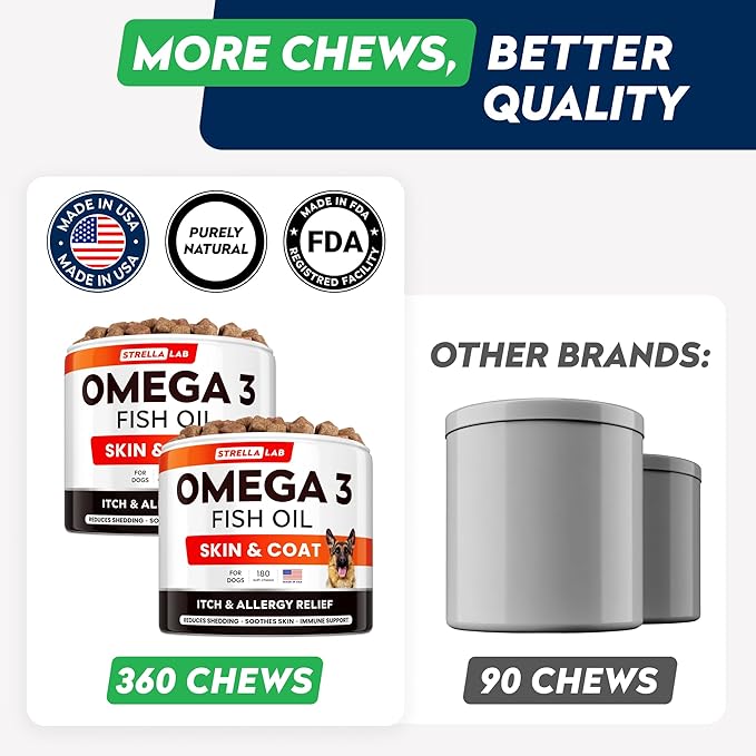 STRELLALAB Omega 3 for Dogs - (360Ct) Fish Oil Treats - Allergy & Itch Relief Skin & Coat Supplement - Dry Itchy Skin, Anti Shedding & Hot Spots Treatment - Pet Salmon Oil Chews - Chicken Flavor