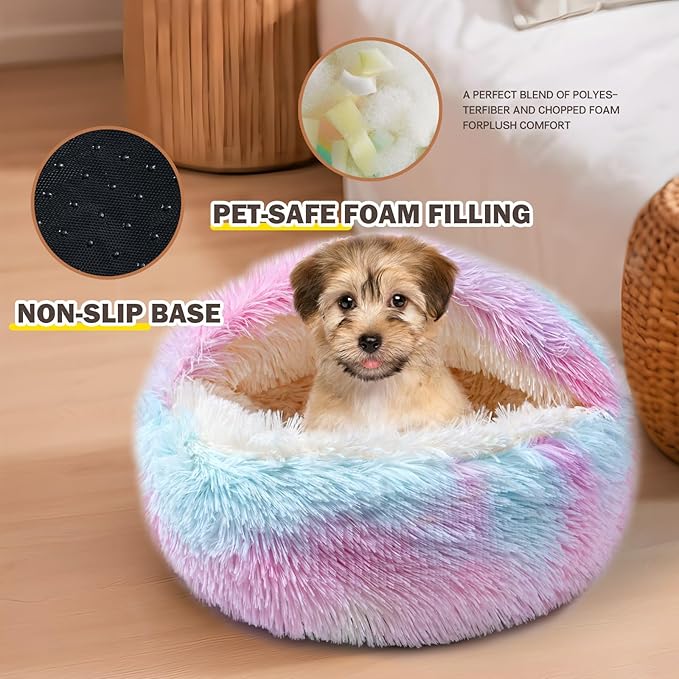 Cat Bed Calming Cat Beds,Indoor Washable Cat Bed,Anti-Slip Faux Fur Fluffy Cuddler Anxiety Cat Bed,Warming Cuddler Cushion Bed for Small Medium Dogs and Cats (Dazzling colors, 20*20inch)