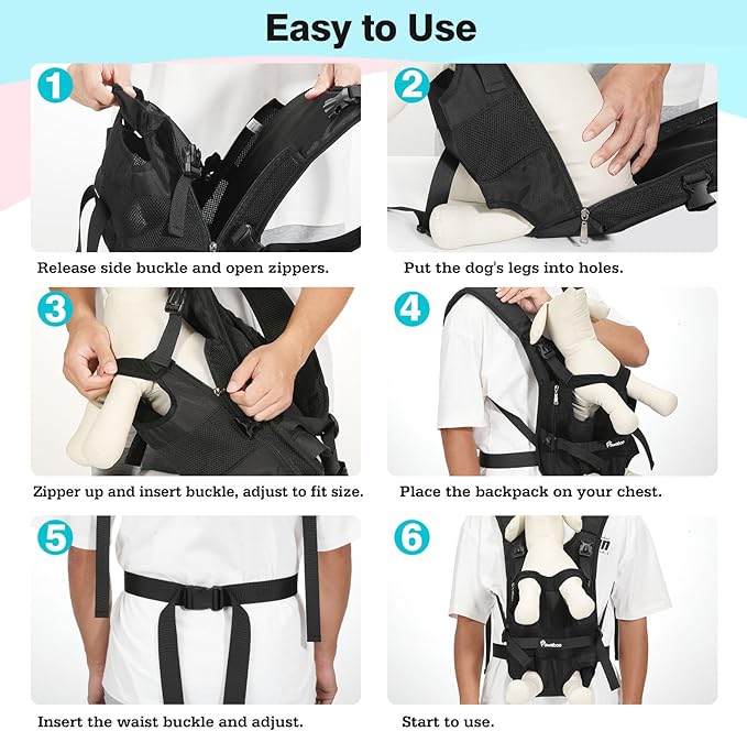 Pawaboo Pet Dog Front Carrier Backpacks, Legs Out Pet Carrier Backpack for Dogs, Adjustable Easy-fit Dog Chest Carriers for Small Medium Dogs Hands Free for Travel Hiking Cycling Camping, S, Black