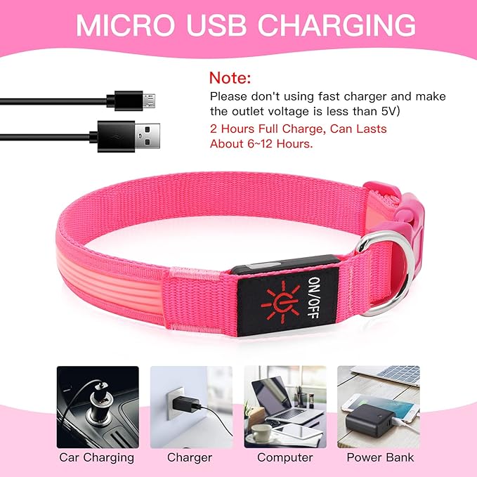 YFbrite Light up Dog Collar, USB Rechargeable LED Puppy Collar Super Bright Adjustable Glowing Dog Lights for Night Walking (Design 2- Pink, Small)