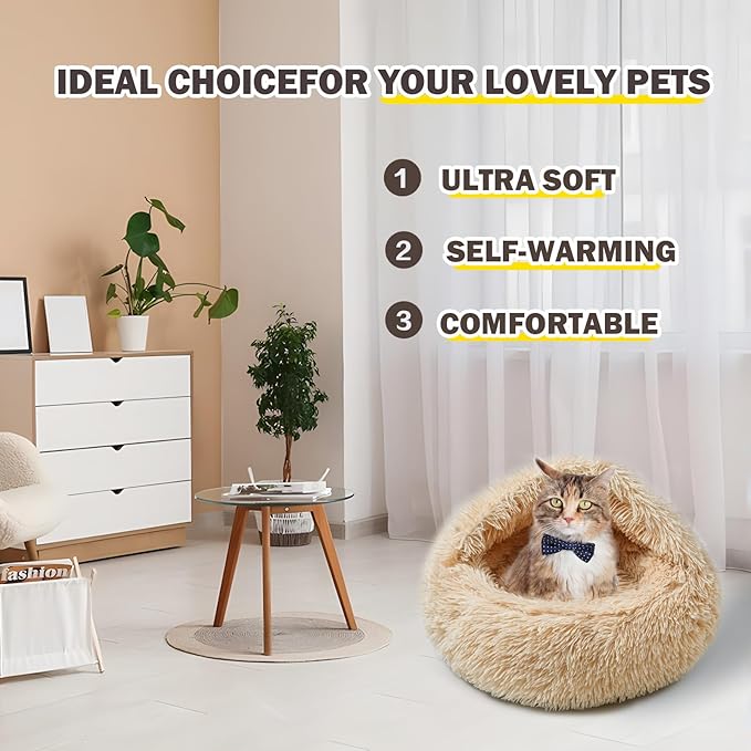 Cat Bed Calming Cat Beds,Indoor Washable Cat Bed,Anti-Slip Faux Fur Fluffy Cuddler Anxiety Cat Bed,Warming Cuddler Cushion Bed for Small Medium Dogs and Cats (Apricot Color, 24 * 24inch)