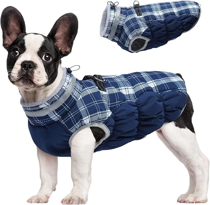 FUAMEY Dog Coat for Small Dogs,Waterproof Dog Winter Jacket with Harness Built in Puppy Cold Weather Coats Reflective Pet Vest with Zipper Warm Fleece Dogs Snowsuit Windproof Blue Plaid S