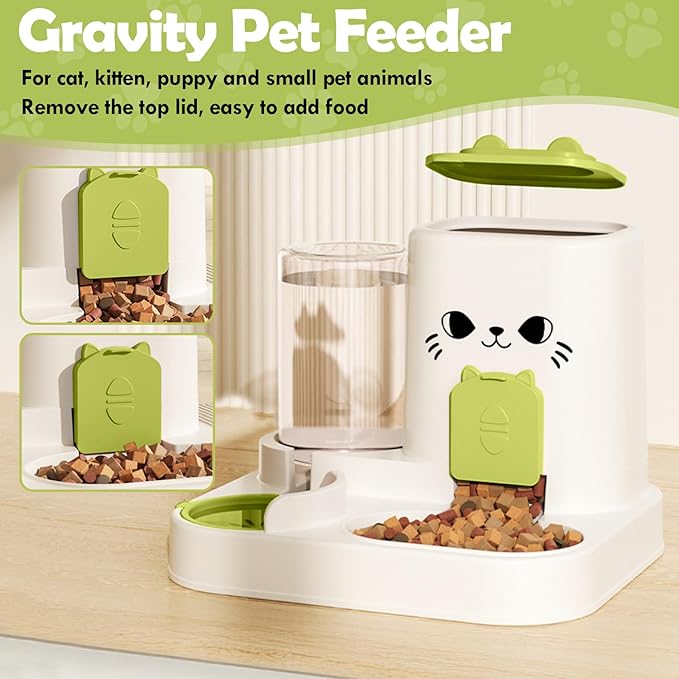 1.6L Auto Gravity Pet Feeder and 0.6L Water Dispenser Set, Automatic Cat Food and Water Dispenser, Gravity Pet Feeder for Small Medium Dog Puppy Cat Kitten (Green)