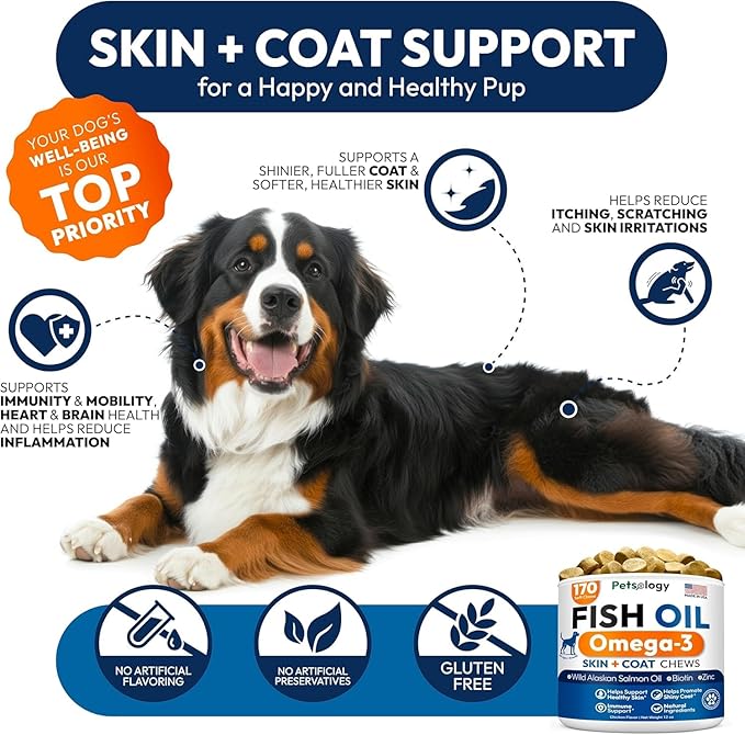 Omega 3 Fish Oil for Dogs - 170 Chews - Omega 3 for Dogs Itchy Skin & Allergy Relief - Skin & Coat Supplement - EPA & DHA Fatty Acids - Dog Anti Shedding & Hot Spot Treatment - Salmon Oil