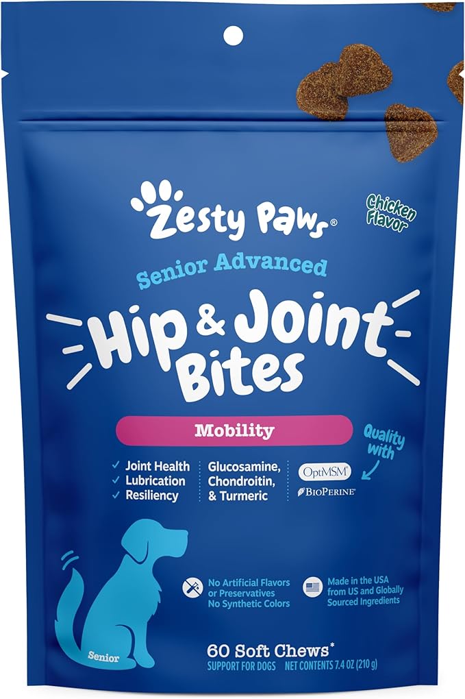Zesty Paws Mobility Bites Joint Supplement for Dogs - Soft Chews with Glucosamine for Dogs, Chondroitin, & MSM + Vitamins C and E - Adv Chicken - 60 Count
