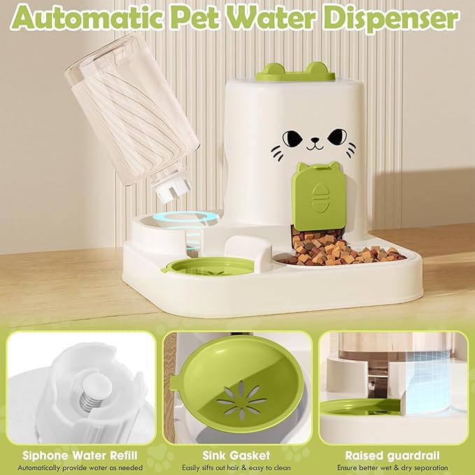 1.6L Auto Gravity Pet Feeder and 0.6L Water Dispenser Set, Automatic Cat Food and Water Dispenser, Gravity Pet Feeder for Small Medium Dog Puppy Cat Kitten (Green)