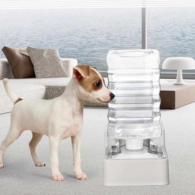 RIZZARI Stainless Steel Pet Water Feeder: 7L Automatic Leak-Proof Gravity Dispenser for Cats Dogs Indoor Outdoor Use(Beige Without Filter,7L)