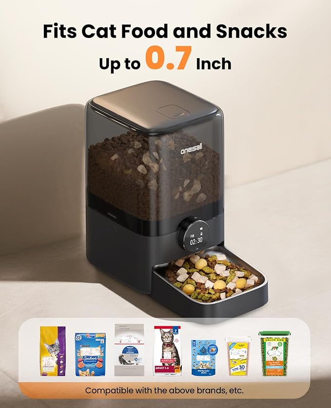 oneisall Automatic Cat Feeder for Large Kibble and Snacks, 20 Cups/5L Timed Pet Feeder for Cats Indoor, Programmable Dry Food Dispenser (Black)