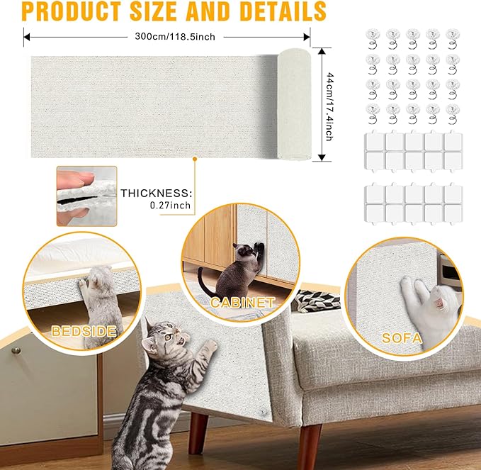 Cat Scratch Mat,118.5"x17.4" Trimmable Self-Adhesive Cat Scratch Furniture Protector, Sticky Cat Scratcher Wall Mat, Covering Cats Tower, Couch Protector from Cats Claws (White)