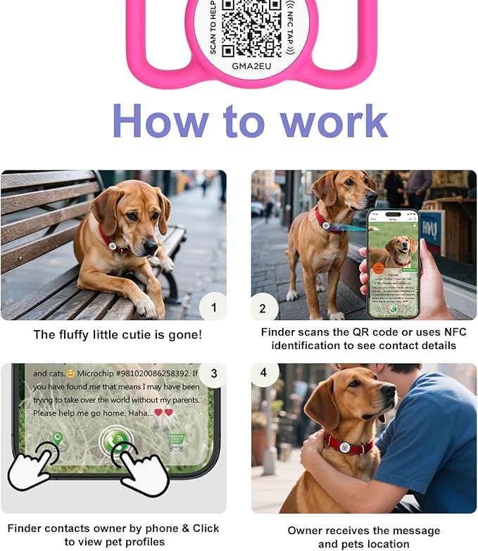 QR Code Dog Tag with NFC, Personalized Pet ID Tag, Silent Silicone Dog Tag, Modifiable Pet Online Profile, Multiple Emergency Contact, Scan QR Code Send GPS Location Email (Regular, Rose)