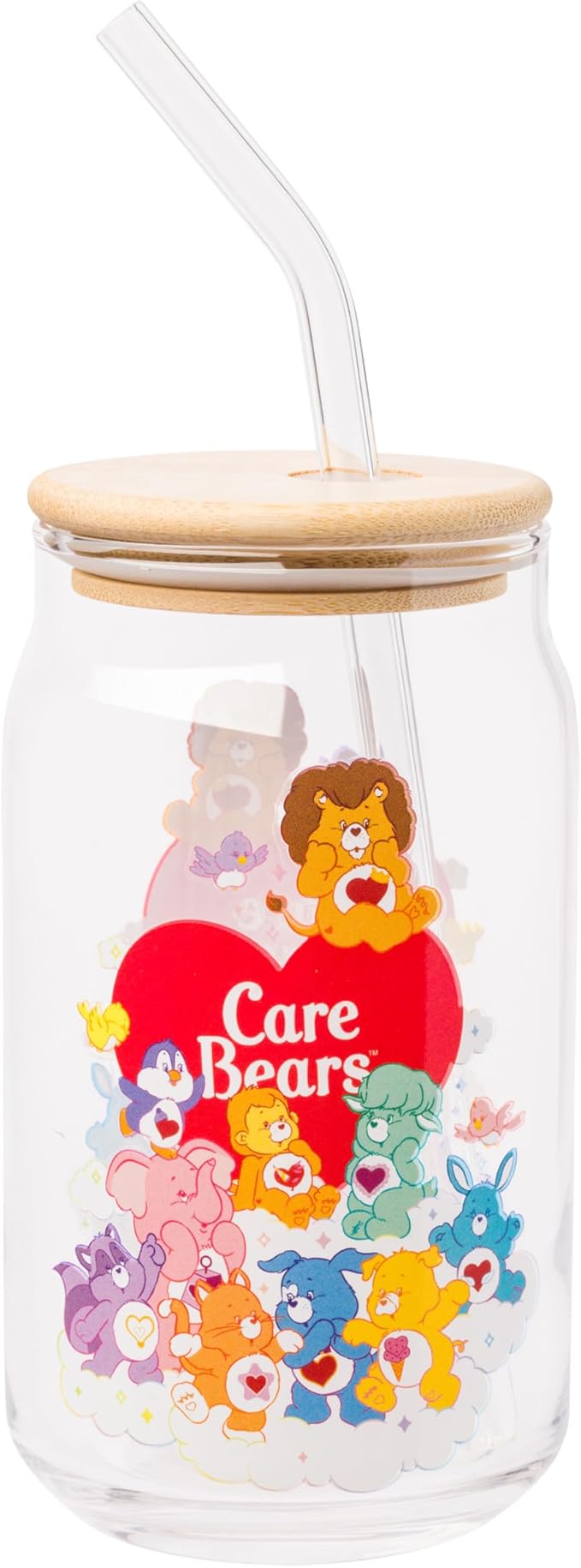 Silver Buffalo Care Bears Heart Cousins Brave Lion Playful Monkey Gentle Lamb Cozy Penguin Lotsa Elephant Bright Raccoon Proud Cat Loyal Dog Treat Pig Swift Rabbit Glass Jar Tumbler w Bamboo Lid, 16oz