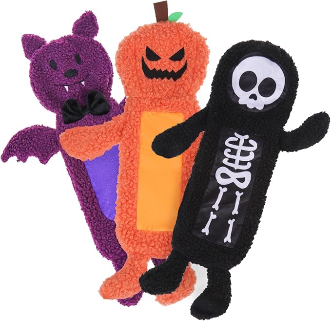 SCENEREAL Stuffless Halloween Dog Squeaky Toys for Small Medium Dogs, Crinkle Puppy Chew Toy, 3 Pack Cute Animals Shape Soft Pet Plush Teething Toys(Skeleton & Pumpkin & Bat)