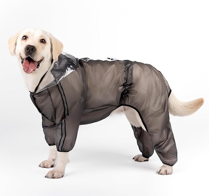 Olsa Dog Raincoat, Dog Hooded Slicker Poncho, 4 Legs Rain Jacket with Reflective Stripe, Transparent Water Proof Resistant Rain Snow Clothes for Small Medium Large (Black, M)