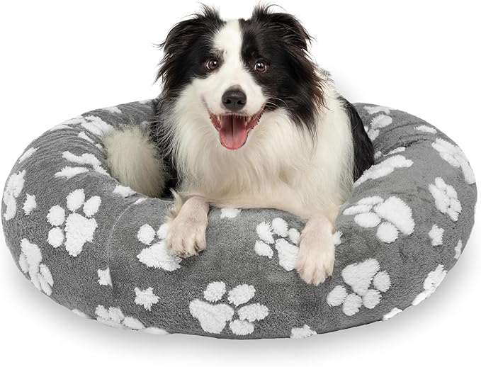 Donut Dog Beds for Medium Dogs, Calming Round Cat Beds for Indoor Cats, Cute 3D Textured Paw Pet Bed with Removable Washable Cover and Anti-Slip Bottom(Grey,30")