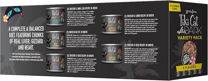 Tiki Cat After Dark, Variety Pack, High-Protein and 100% Non-GMO Ingredients, Wet Cat Food for Adult Cats, 5.5 oz. Cans (Pack of 8)