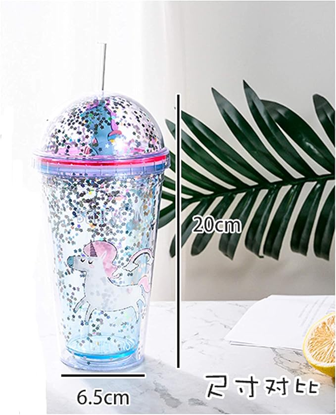 Unicorn Cup with Straw Travel Tumbler Party Cup Reusable Plastic Drinking Water Bottle Women Ice Coffee (purple unicorn, 6.5 * 20cm)
