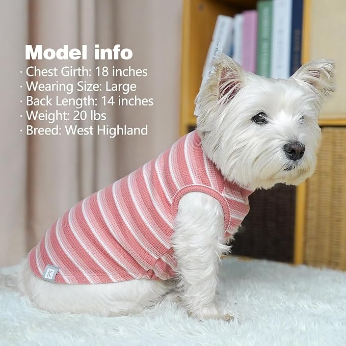 KYEESE 2Pack Waffle Dog Shirts for Small Dogs Stretchy T-Shirts Lightweight Tank Top Sleeveless Striped Vest Breathable Pet Apparel, Large, Pink+Striped