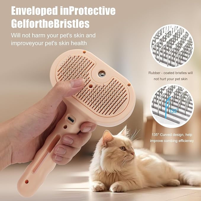 3-in-1 Pet Steam Brush, Grooming Comb with Water Tank for Cats and Dogs, Long and Short Hair (Pink)