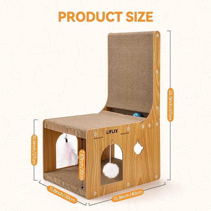 L-Shaped Double-Layer cat Scratching Board, Cardboard cat Scratching Post with Toys, Cat Scratcher & Hideaway for Indoor Cats to Scratch, Rest and Play