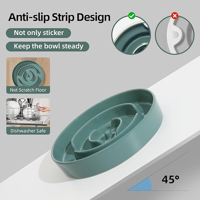 8.2inch Ceramic Slow Feeder Dog Bowl for Medium and Large Breed, Puzzle Dog Food Dish, Anti-Gulping, Pet Slow Feeder, Stop Bloat, Preventing Choking (Single Bowl-Dark Green)