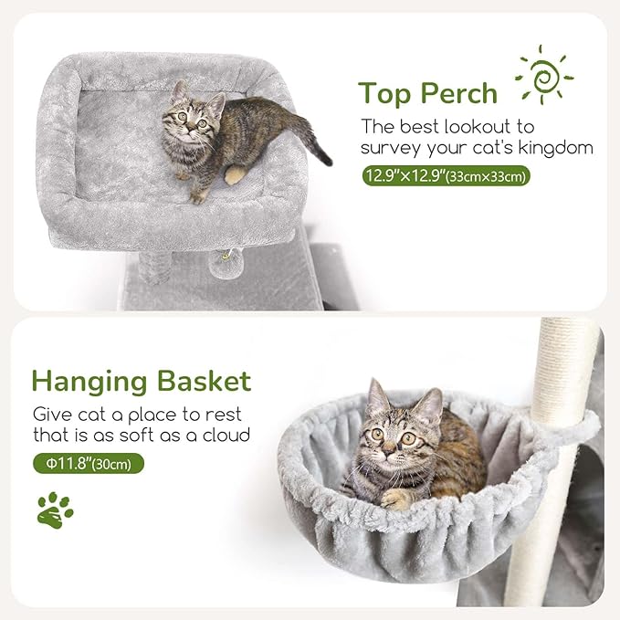 Globlazer Large Cat Tree Condos for Indoor Cats Large Adult, 70inch Tall Cat Tree Condo Tower with 4 Spacious Cat Condo Houses, 3 Sisal Scratching Posts, 2 Adjustable Hanging Baskets, F70C, Cloud Gray