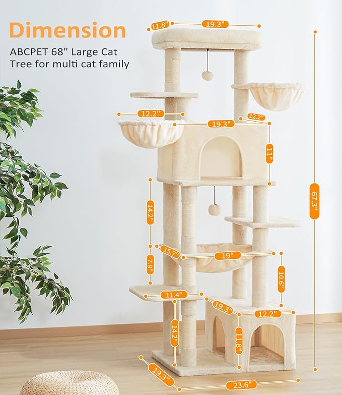 Cat Tree Large Cat Tower Tree 68" Multi-Level Cat Tower for Indoor Cats with Sisal Scratching Posts, Widen Cat Perche, Square Hammock, 2 Widen Condos, Scratching Posts, Beige