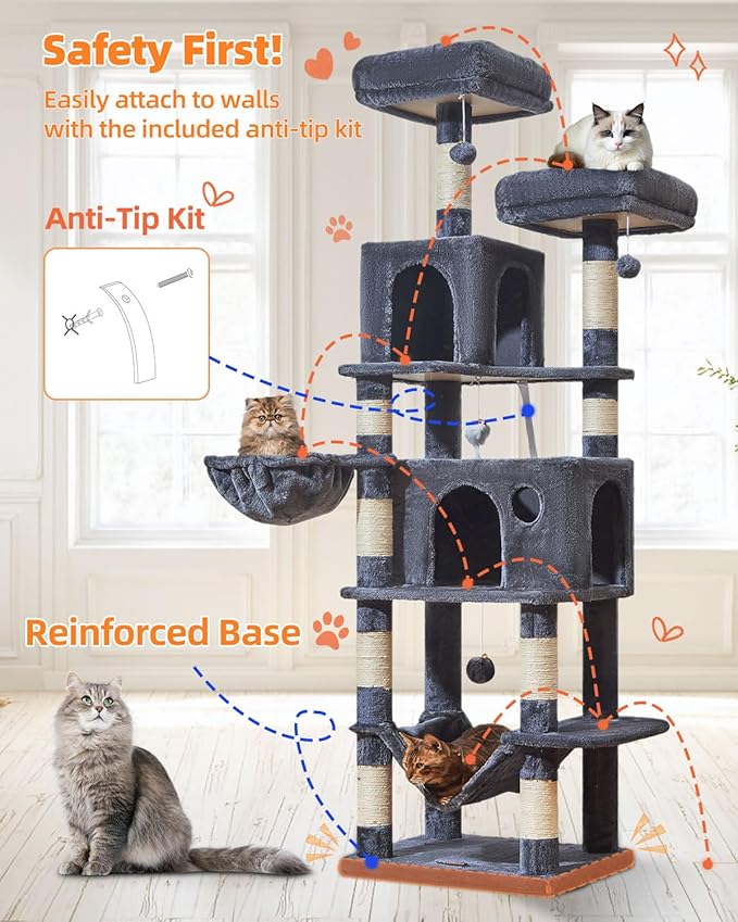 Taoqimiao Large Cat Tree,73-Inch Cat Tree Tower with 9 Scratching Posts for Indoor Cats, 2 Large Cat Condo with Hammock, Hanging Basket, 2 Extended Platform, Smoky Gray MS013XLG