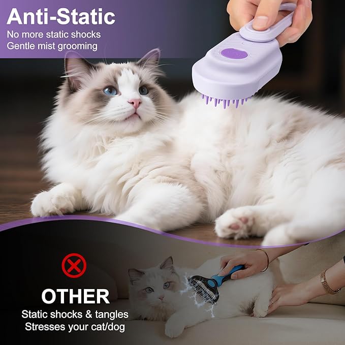 Steam Brush for Cat & Dog – 3-in-1 Spritz Pet Spray Hair Removal Comb for Grooming & Shedding Steam – Water Brush for Long