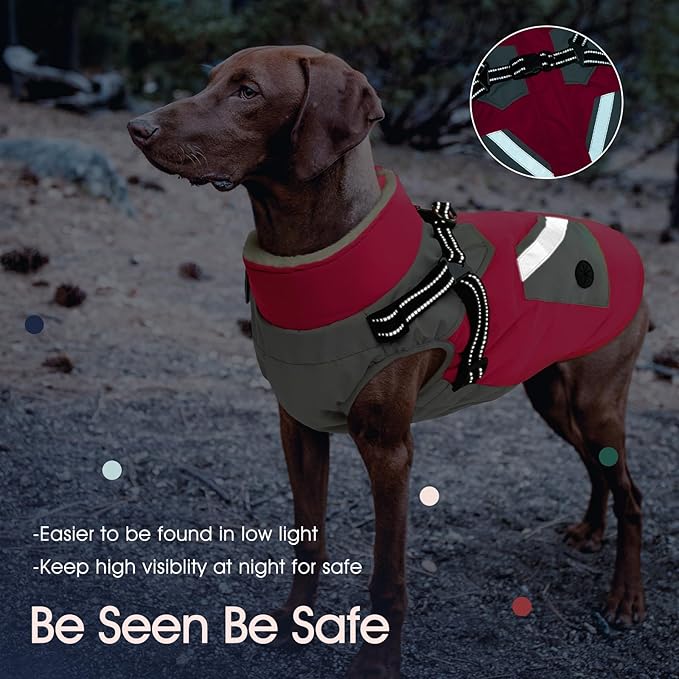 IECOii Dog Coat for Large Dogs Waterproof Dog Winter Jacket with Harness Built in, Rosered - XXLarge, Thermal Warm Fleece Lined, Reflective Dogs Jackets for Cold Weather Camping, Hiking, Pitbull