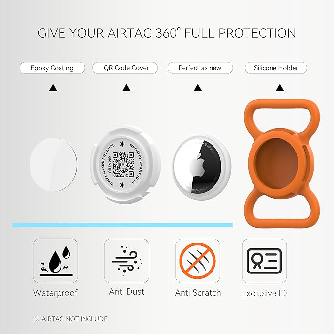 Holder for Dog Collar, Scan QR Code Send Location Alert Email, Waterproof Full Body Protection Anti-Lost Case, Accessories for Dog, Cats, Collar, Backpack (Orange, Large)