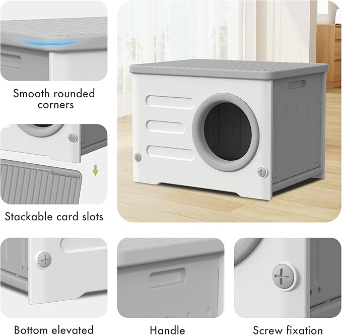 Plastic Outdoor Cat House Weatherproof&Insulated,Waterproof Elevated Cat Shelter Stackable Pet House Cat Wave for Outdoor Indoor Use with Bed Cushion (Grey)