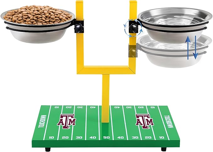 NCAA Texas A&M Aggies Goalpost Football Field Dog Feeder – Adjustable Elevated Dog Bowls with Stand, 2 Stainless Steel Bowls, Non-Slip Rubber Feet, Raised Pet Feeder for Large & Small Dogs