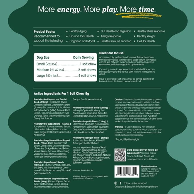 Arterra Longevity Multivitamin for Dogs – 50% Active Ingredients – Vet-Formulated Daily Soft Chews for Gut, Brain, Joint & Immune Health – Human-Grade Supplement | 120 Count