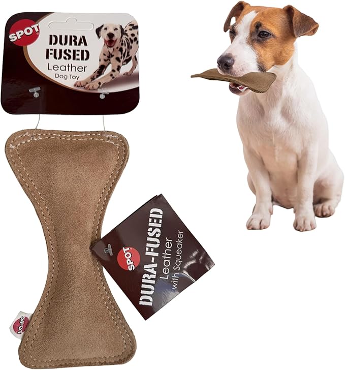 SPOT Dura-Fused Leather Small Bone Dog Toy – Durable Chew Toy with Real Leather & Jute, Squeaker, and Double-Stitched Seams for Moderate Chewers, Small & Medium Dogs, 7in