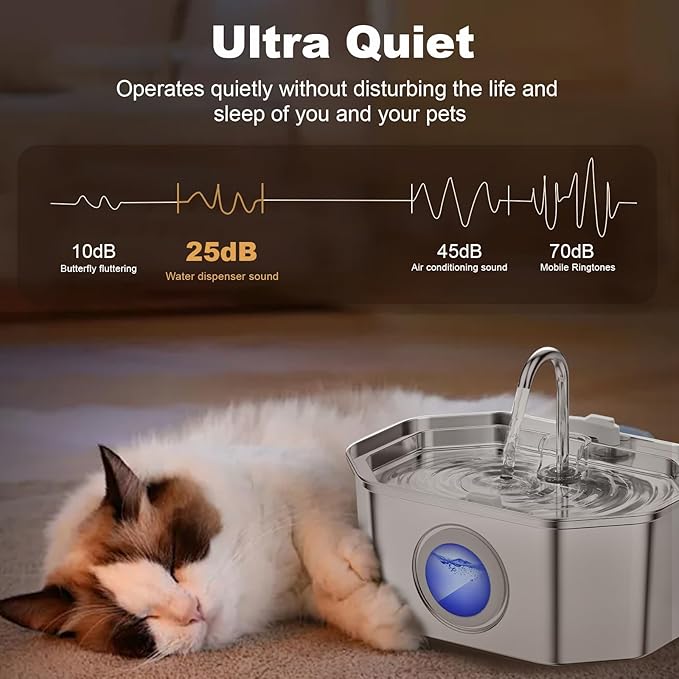 Cat Water Fountain Stainless Steel 108oz/3.2L, APAUK Automatic Pet Fountain Dog Water Dispenser with Water Level Window, Quiet Cat Fountain for Drinking, Inside with Replacement(2 Filters&2 Sponges)