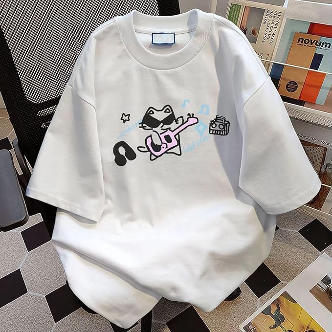 Harajuku Vintage Shirts for Women Cute Graffiti Cat Print T-Shirt Summer Oversized Graphic Tees Kawaii Clothes Y2K Tops