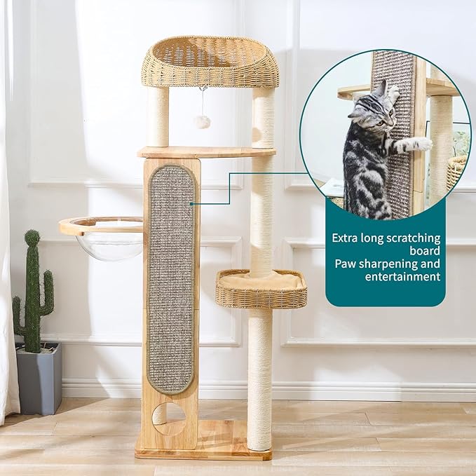 59-inch Cat Tree,Cat Tower with Scratching Post,Extra Long Sisal Blanket, Handwoven Basket & Space Capsule Nest