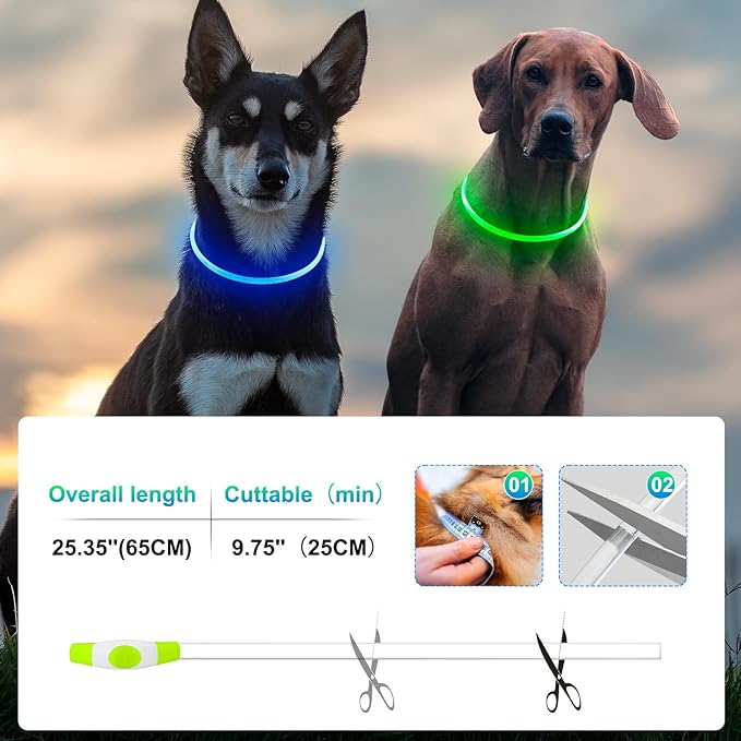 2 Packs Light Up Dog Collar, LED Dog Collar, USB Rechargeable Dog Lights for Night Walking, Adjustable Glow in The Dark Collars for Small Medium Large Dogs, Waterproof Safety Pets Lights Green&Blue