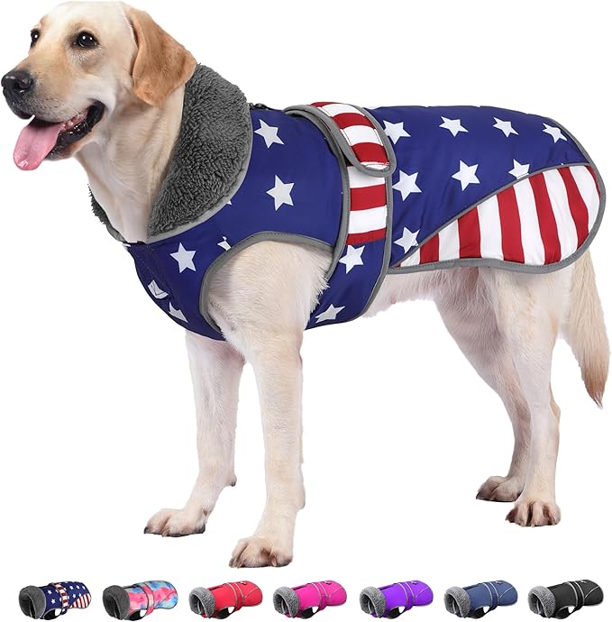 Dogcheer Dog Coat, American Flag Dog Jacket Waterproof Puppy Winter Coat for Cold Weather, Reflective Adjustable Pet Snow Jacket Fleece Sweater for Small Medium Large Dogs - USA Flag, 2XL