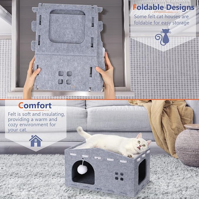 Cat House for Indoor Cats, Cat Beds Peekaboo Pet Cave with Fluffy Ball and Catnip Toy for Multiple Large Cats Up to 33 Lbs Foldable Cat Hideaway Scratch Resistant Felt Cat Cube for Kitten Kitty, Grey